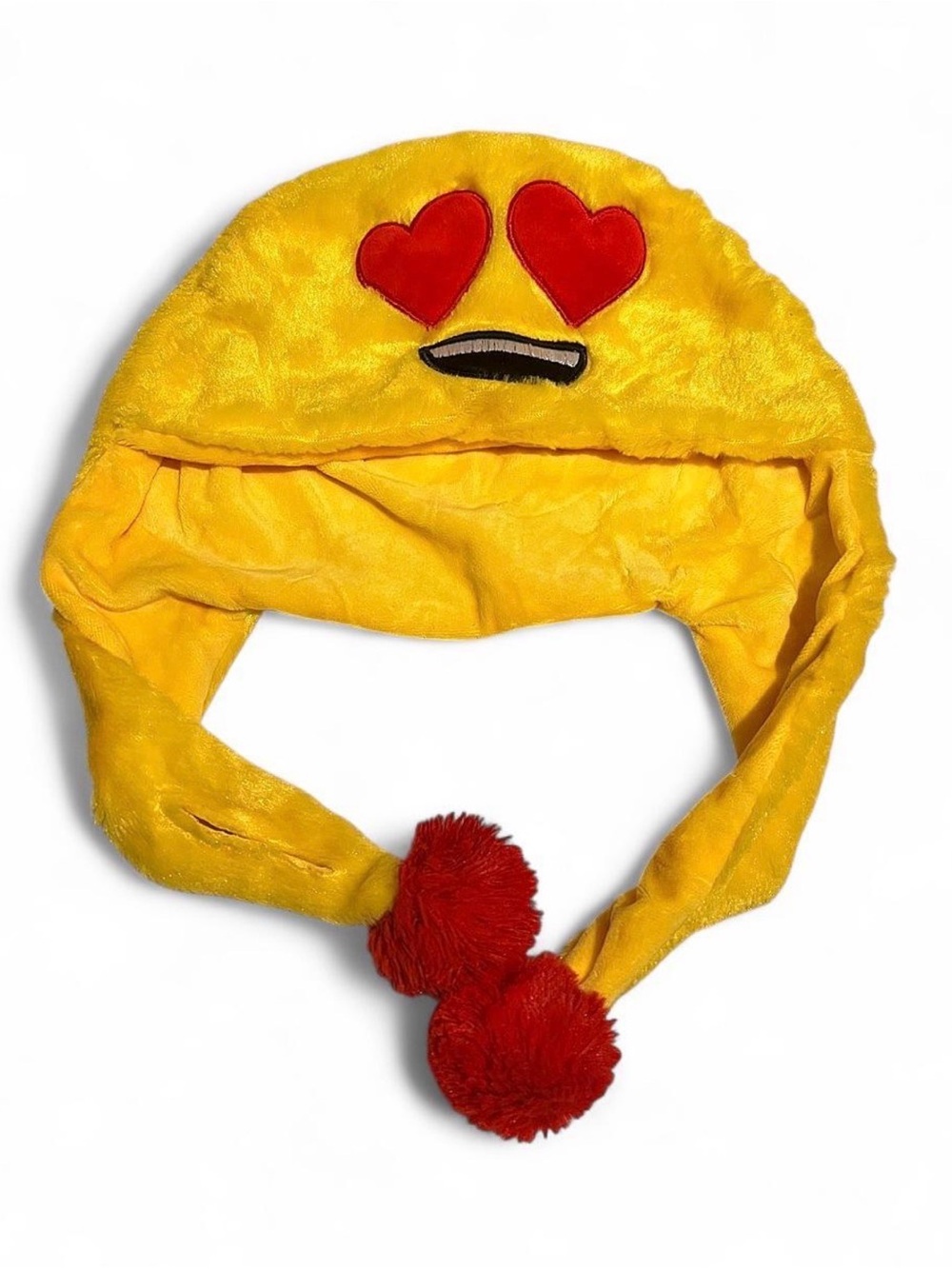 Yellow Heart Eyes Emoji Plush Hat with Red Pom Poms